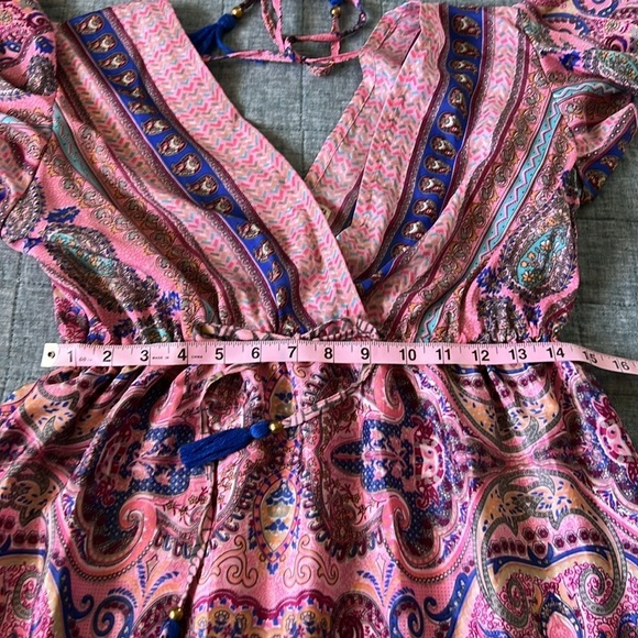 SILK Blend Bohemian Boho Tie Neck Pink Paisley Midi Dress - Picture 9 of 10
